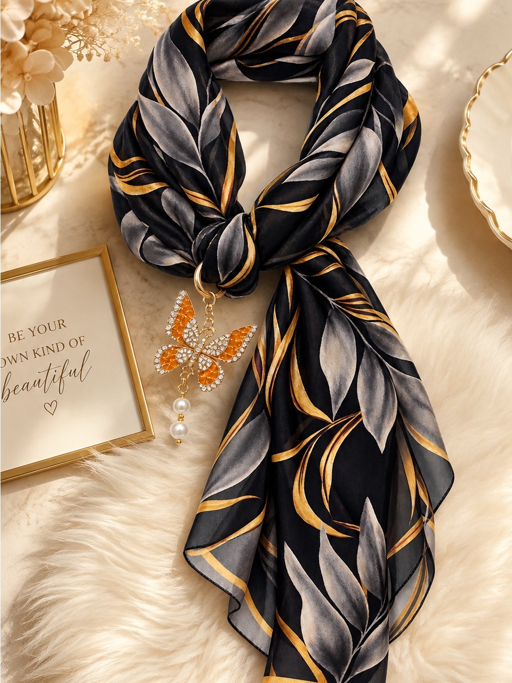 Elegant Black & Gold Leaf Print Women's Scarf with Butterfly Charm